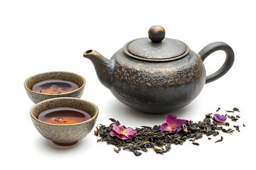 Traditional tea set with ceramic teapot and cups on white background