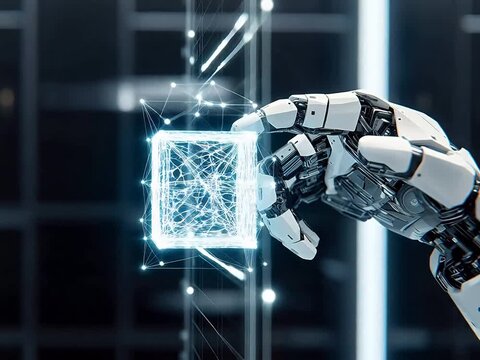 Robot hand interacting with digital cube