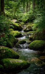 Obraz premium Forest stream flowing through mossy rocks under lush green foliage