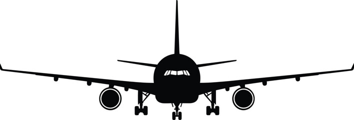 Front view airplane silhouette isolated on white background commercial aviation travel transport aircraft landing concept illustration minimal design vector