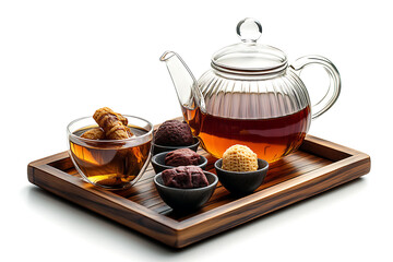 Warm tea and sweet treats on wooden tray for relaxation