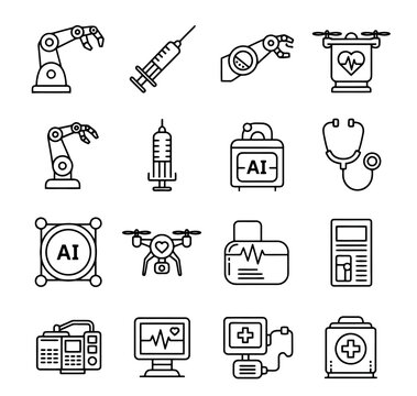 Set of medical and AI icons in outline style.