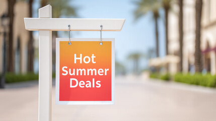 A vibrant sign promoting hot summer deals in a sunny, open shopping area, perfect for enticing customers.