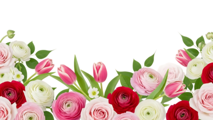 Delicate floral border with tulips and ranunculus isolated on transparent background