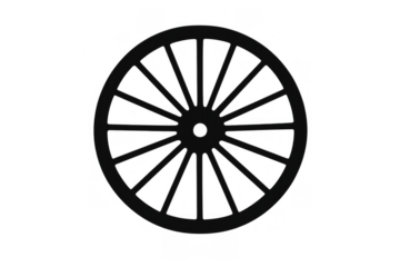 Wagon wheel silhouette with spokes and rim, representing vintage transport, history, tradition, and rural journeys