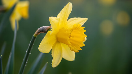 yellow daffodil flower with water drops on petals transparent background