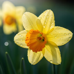 yellow daffodil with water drops on petals transparent background
