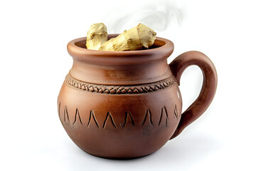 Steaming clay mug with ginger for a soothing herbal tea experience