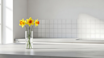 yellow daffodils in a glass vase on a kitchen counter transparent background
