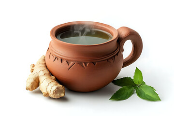 Steaming cup of ginger tea in traditional clay mug with fresh ginger and basil leaves