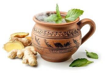 Steaming ginger tea in traditional clay mug with fresh mint leaves