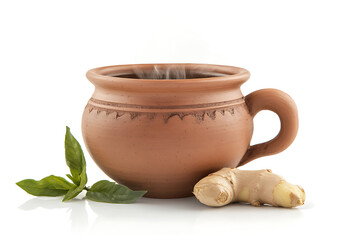 Steaming clay mug with ginger and basil on white background