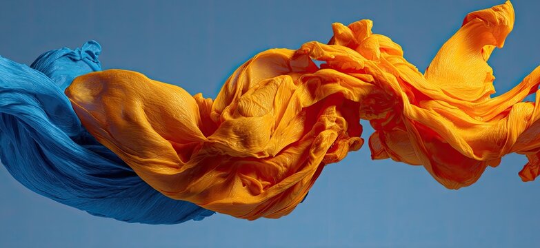 Vibrant fabric in shades of blue and orange, billowing in the wind against a bright blue backdrop