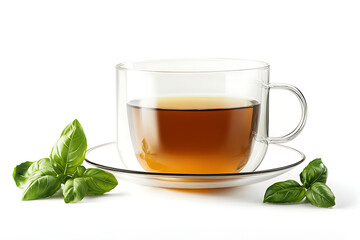 Warm tea in a transparent glass cup with fresh basil leaves
