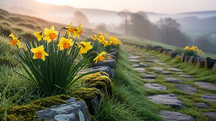 yellow daffodils on a stone path in a green landscape transparent background