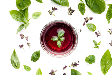 Vibrant herbal tea in a clear glass cup surrounded by fresh green leaves