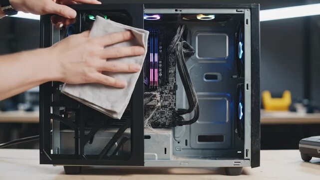 Inside Dirty Computer Case With Cooling System Fans and Rgb Lighting