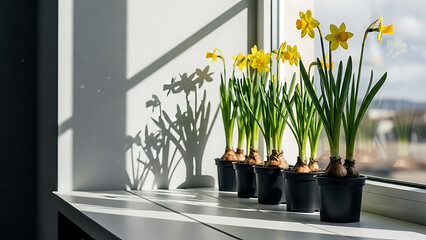 Yellow daffodils in pots on a windowsill transparent background
