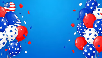 Patriotic balloons in red white and blue with stars and confetti on blue background president day 2026 America