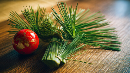 Decorative red ball with gold flower motif beside pine needles