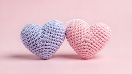 Two knitted hearts a lavender and a pink resting closely together