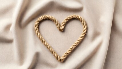 A rustic jute rope carefully shaped into a loving heart on fabric