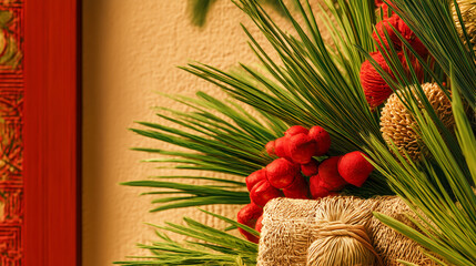 Festive centerpiece with pine needles red berries and straw ornament
