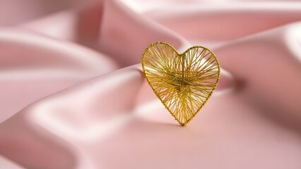 Delicate golden heart shaped ornament resting on soft pink silk fabric