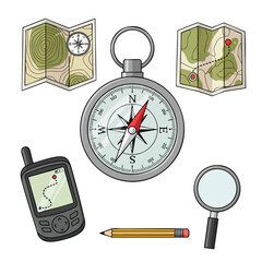 A collection of navigation tools including maps, compass, GPS, magnifying glass, and a pencil