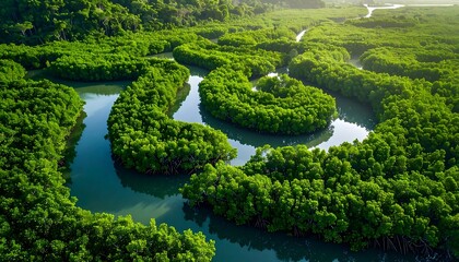 Aerial shot of winding waterway enveloped by vibrant green trees, lit by soft sunlight