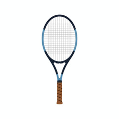 A blue and black tennis racket with a brown handle, positioned vertically