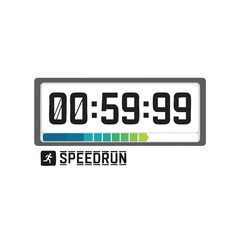 Digital timer displays a speedrun time and a progress bar, logo at the bottom