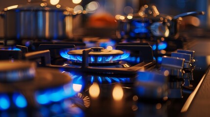 The blue lights of a gas stove in a dark kitchen interior create a cosy atmosphere, ideal as a backdrop for advertising household appliances or cooking blogs.