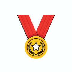 A gold medal with a star and laurel wreath on a red ribbon