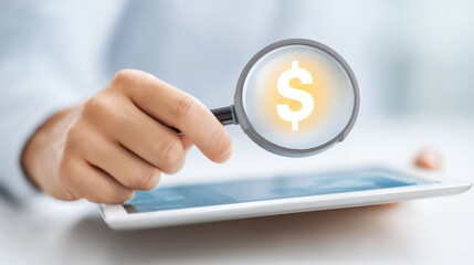 A close-up of a hand holding a magnifying glass over a digital tablet with a dollar symbol, representing finance analysis.