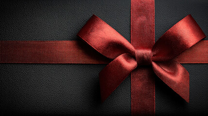 Seasonal sale concept featuring top view black gift box with red ribbon on dark background