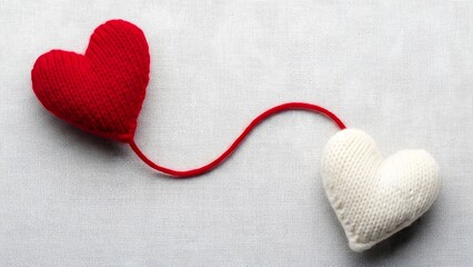 A red and white knitted heart pair connected by a red thread