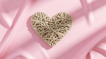 A delicate woven heart rests on a soft textured pink fabric background