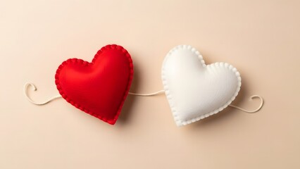Red and white fabric hearts connected by string on a neutral background