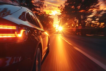 Car driving on a road at sunset with taillights illuminated Photo