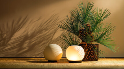 Warm glow spherical lamps and pine branch arrangement on wood surface