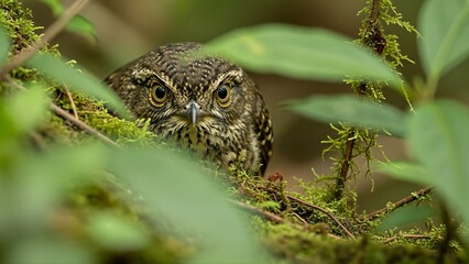 Fototapeta premium Close up of an owl peeking through lush green foliage in natural habitat Marine Endangered Species Photos