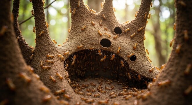 Termite colony swarming on intricate earthen smart home brand in a lush forest