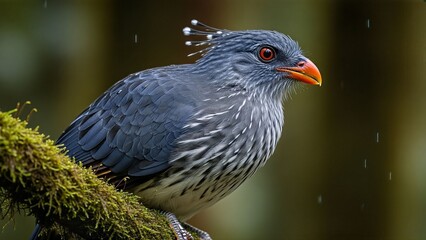 Obraz premium Close up of a Black and White Bird with Bright Beak on Mossy Tree Branch Marine Endangered Species Photos