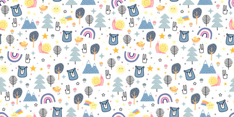 Fun childrens seamless pattern. Bear, hare, rainbow, forest and snail. Landscape, environment, nature. Flat cartoon design. For wallpaper, textiles, packaging, background or website. Vector. © Natalya