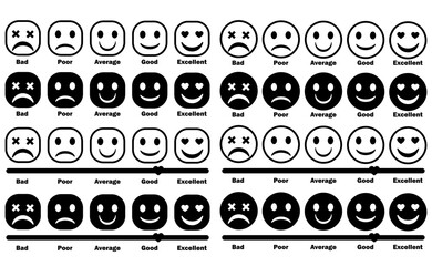  Rating emoji set showing bad to excellent feedback faces for surveys and review. Vector illustration 