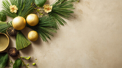 Festive golden ornaments with pine branches on beige background