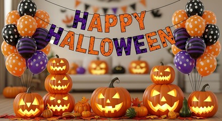 Halloween decoration with carved pumpkins and balloons festive scene