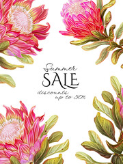 Tropical frame with protea flower. Botanical template with an elegant branch of an exotic plant. Floral decoration for cards and invitations. Banner for summer sale
