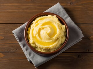 Mashed potatoes in a brown bowl on a wooden table with a gray cloth napkin underneath
